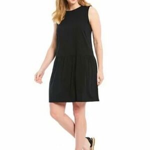 Eileen Fisher Black Sleeveless Drop Waist Shift Dress Round Neck Size Medium